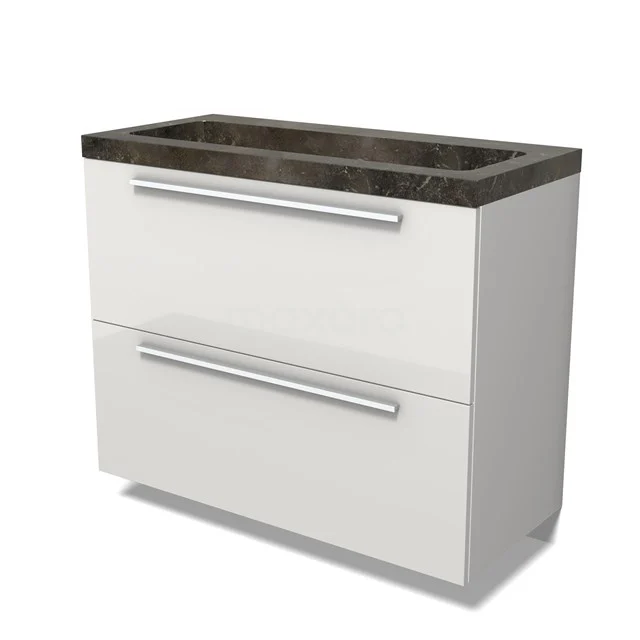 Modulo Vanity units with basin | 100 cm High-gloss white Flat front Natural stone 2 stacked drawers under each other BMW13-01511