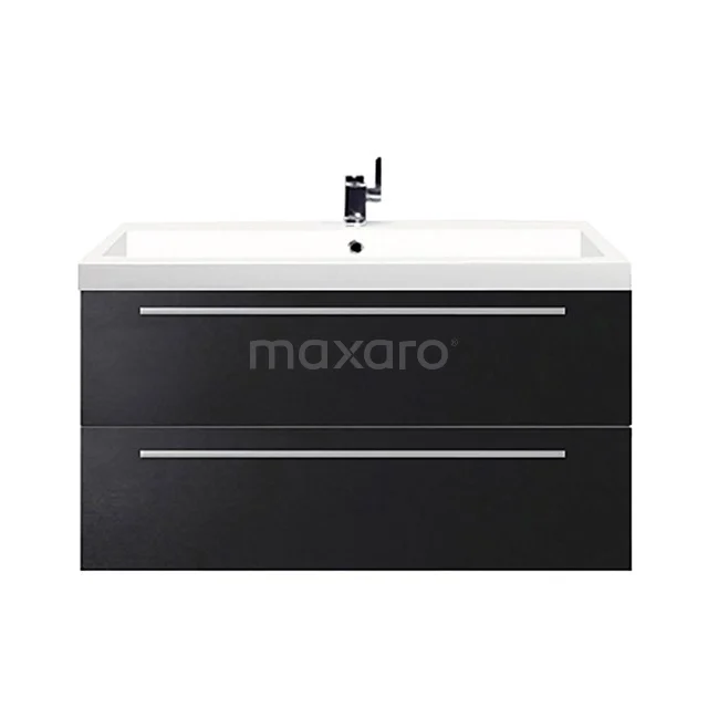 Black bathroom unit with white ceramic basin, 2 drawers with slim handles, modern design, perfect for a stylish bathroom.