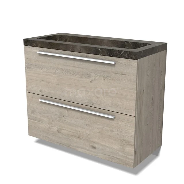 Modulo Vanity units with basin | 100 cm Light grey oak Flat front Natural stone 2 stacked drawers under each other BMW13-01524