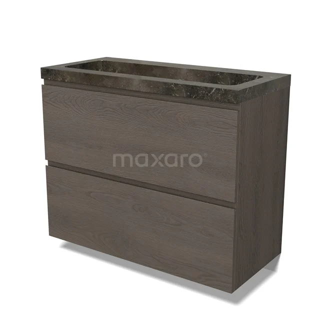 Modulo Waschtische | 100 cm Dunkelbraune Eiche Grifflos front Naturstein 2 hohe Schubladen übereinanderliegend BMW13-01544