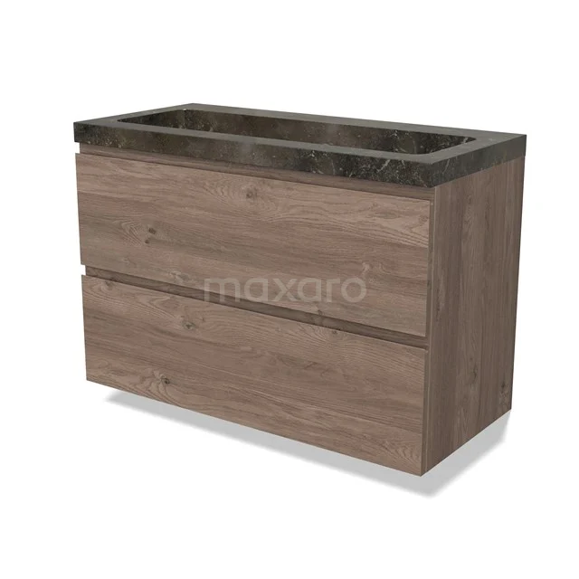 Modulo Vanity units with basin | 100 cm Mid brown oak Handle-less front Natural stone 2 Stacked drawers BMW17-04854
