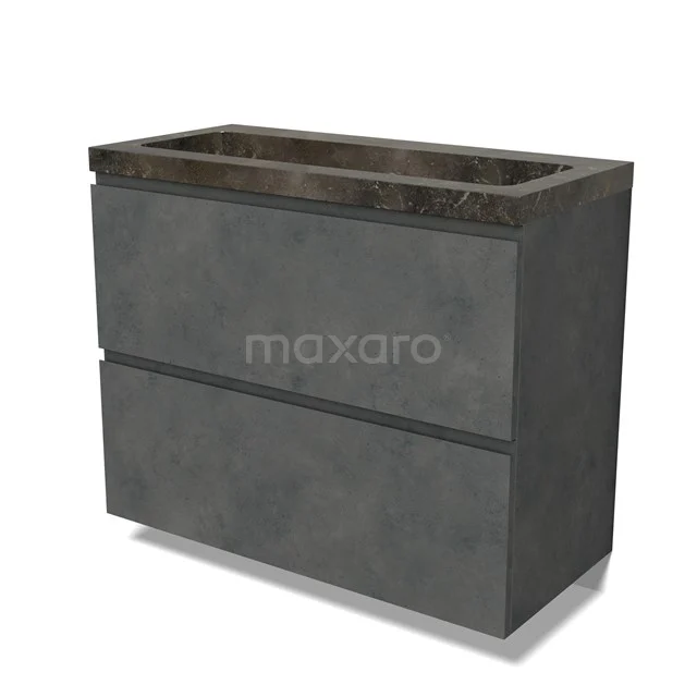 Modulo Waschtische | 100 cm Dunkelgrauer Beton Grifflos front Naturstein 2 hohe Schubladen übereinanderliegend BMW13-01548