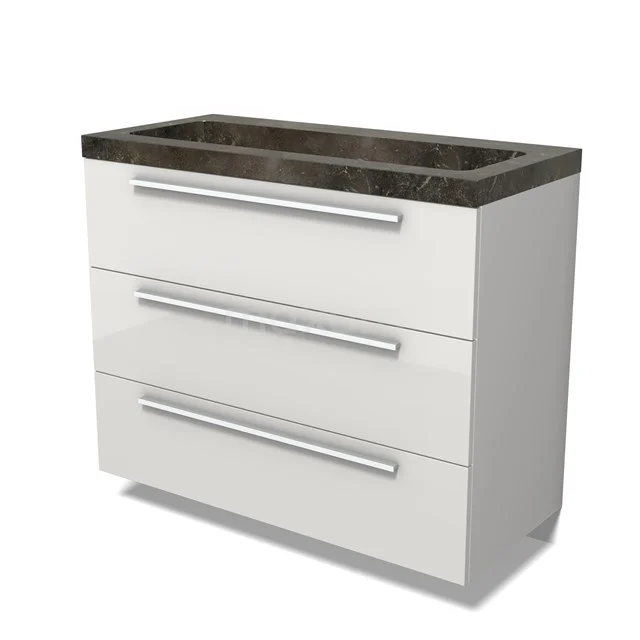 Modulo Vanity units with basin | 100 cm High-gloss white Flat front Natural stone 3 drawers BMW19-02742