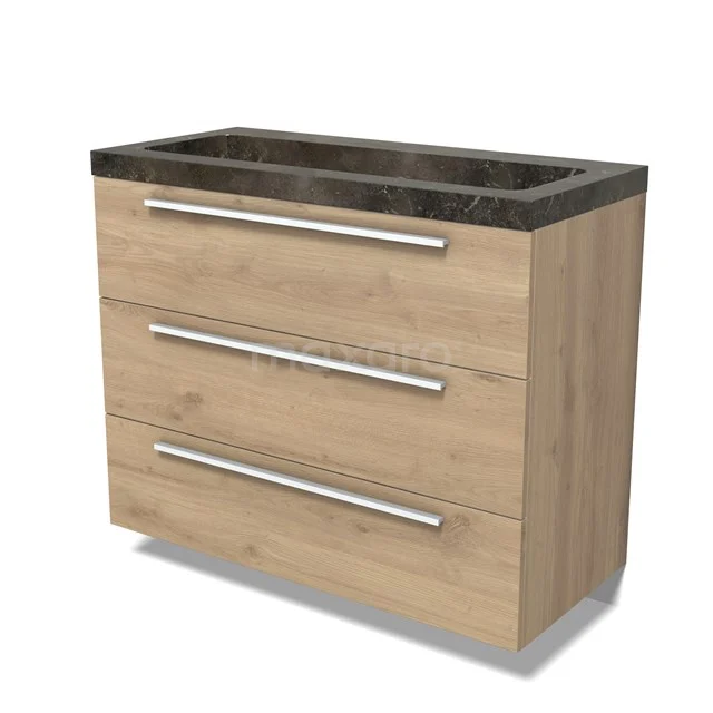 Modulo Vanity units with basin | 100 cm Light brown oak Flat front Natural stone 3 drawers BMW19-02757