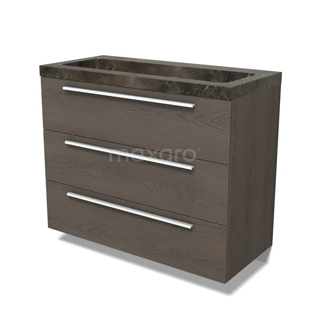 Modulo Vanity units with basin | 100 cm Dark brown oak Flat front Natural stone 3 drawers BMW19-02761