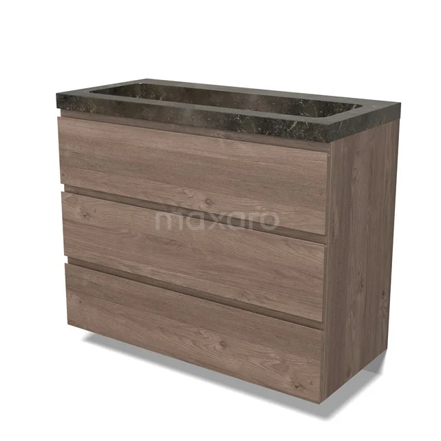 Modulo Vanity units with basin | 100 cm Mid brown oak Handle-less front Natural stone 3 drawers BMW19-02766