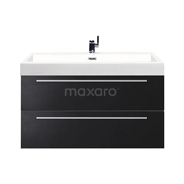 Black and white bathroom unit with two drawers, slim metal handles and integrated basin, modern and minimalist design.