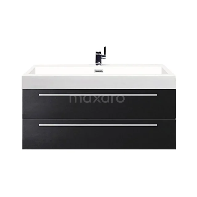 Black bathroom unit with two drawers, white ceramic basin and chrome tap; sleek design for modern bathrooms.