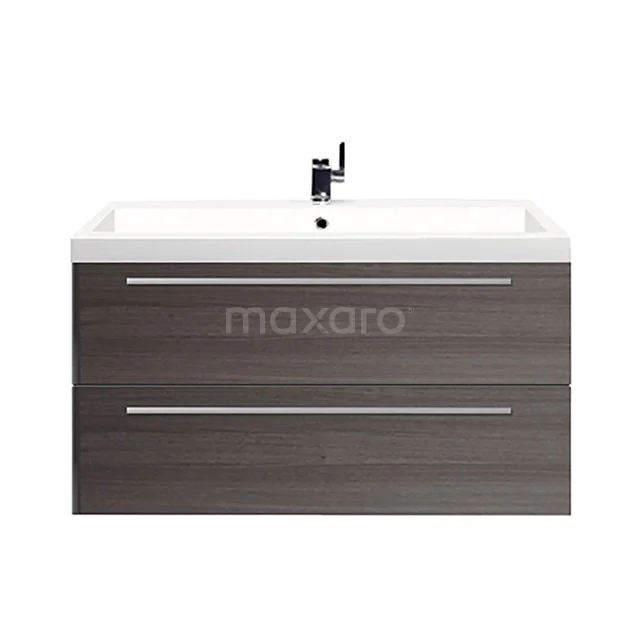 Canto Vanity units with basin | 100 cm Dark brown ash front Mineral marble 2 Stacked drawers F02-100012802 Wooden vanity unit dark brown with two drawers and a white sink, modern design for the bathroom.