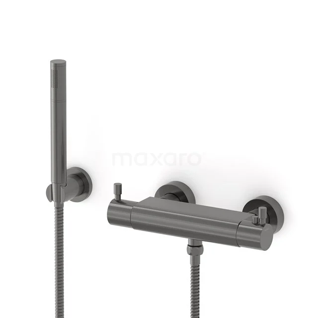 Radius exposed shower mixer set | Black metal Thermostatic mixer with handheld shower 1 position AOM55-00003