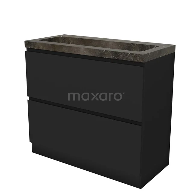 Modulo Bathroom furniture with sink | 100 cm Matte black Handle-less front Natural stone 2 high drawers standing drawers under each other BMW13S-00342
