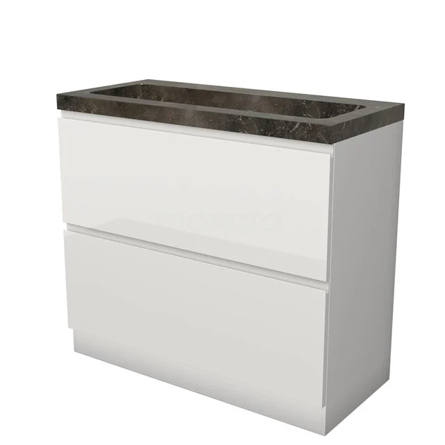 Modulo Vanity units with basin | 100 cm High-gloss white Handle-less front Natural stone 2 high drawers standing drawers under each other BMW13S-00345