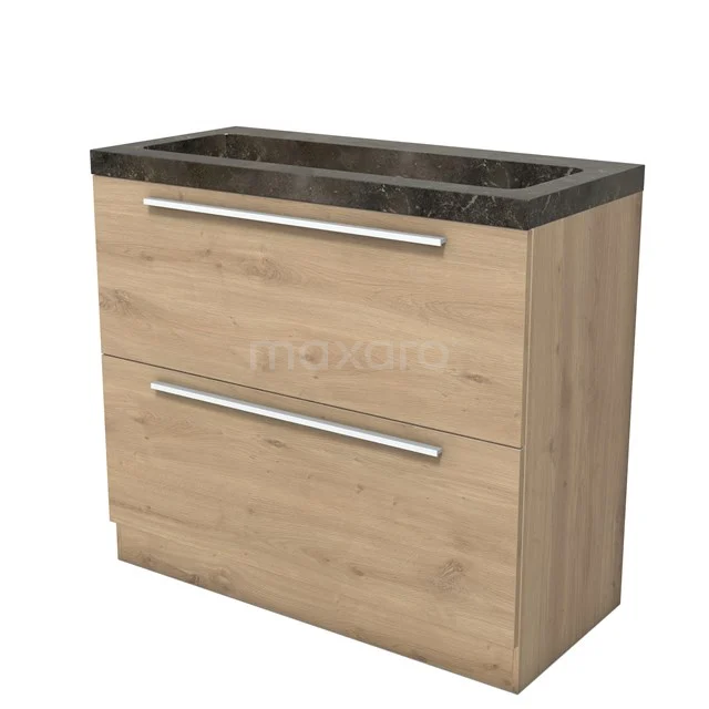 Modulo Waschtische | 100 cm Hellbraune Eiche Flach front Naturstein 2 hohe Schubladen übereinanderliegend BMW13S-00346