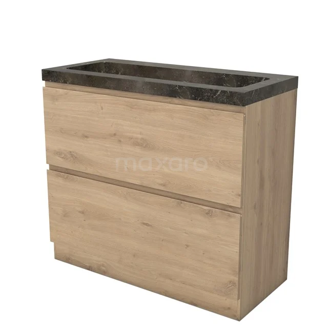 Modulo Vanity units with basin | 100 cm Light brown oak Handle-less front Natural stone 2 high drawers standing drawers under each other BMW13S-00348