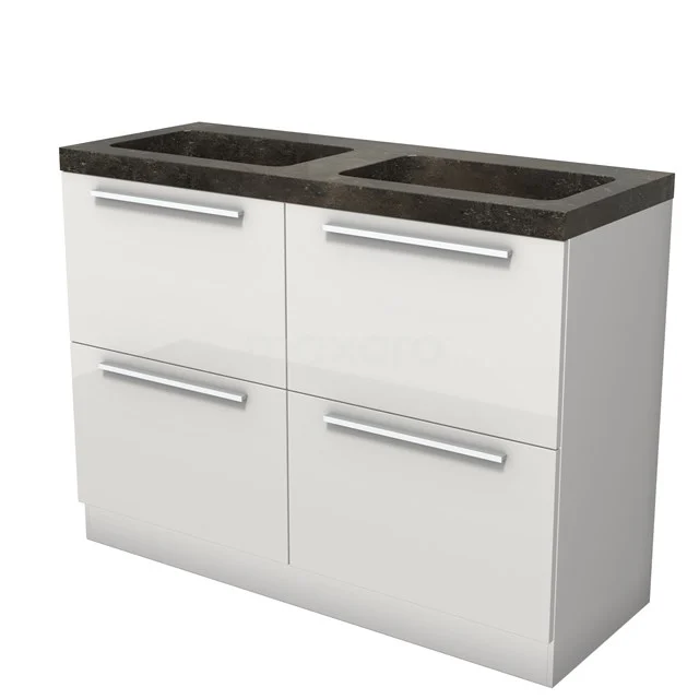 Modulo Vanity units with basin | 120 cm High-gloss white Flat front Natural stone 4 standing high drawers BMW14S-00156