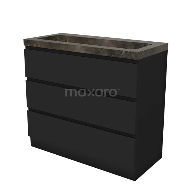 Modulo Vanity units with basin | 100 cm Matte black Handle-less front Natural stone 3 standing drawers BMW19S-00620