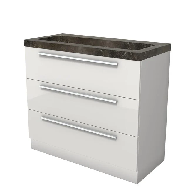 Modulo Vanity units with basin | 100 cm High-gloss white Flat front Natural stone 3 standing drawers BMW19S-00621