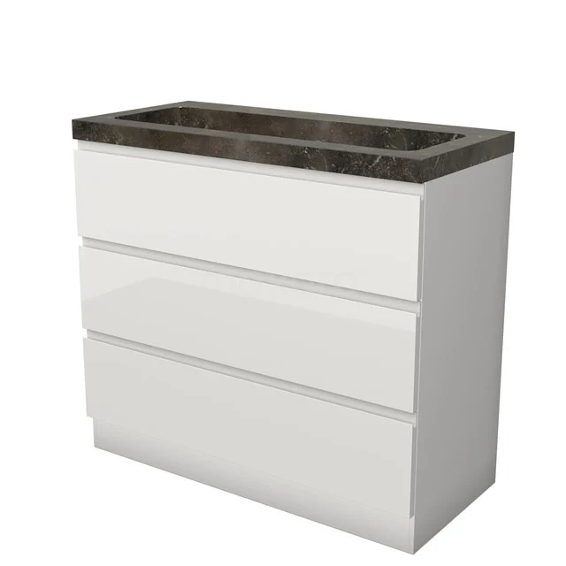 Modulo Waschtische | 100 cm Hochglanz Weiß Grifflos front Naturstein 3 stehende Schubladen BMW19S-00623