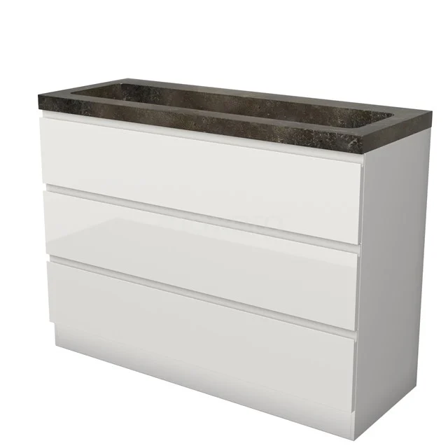 Modulo Vanity units with basin | 120 cm High-gloss white Handle-less front Natural stone 3 standing drawers BMW19S-00632