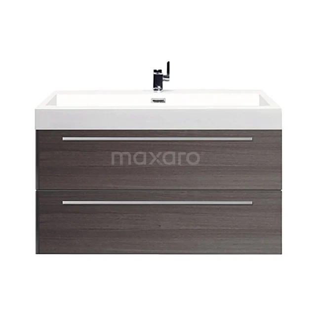 Wooden bathroom unit with dark veneer finish, two drawers and white basin, ideal for modern bathroom design.