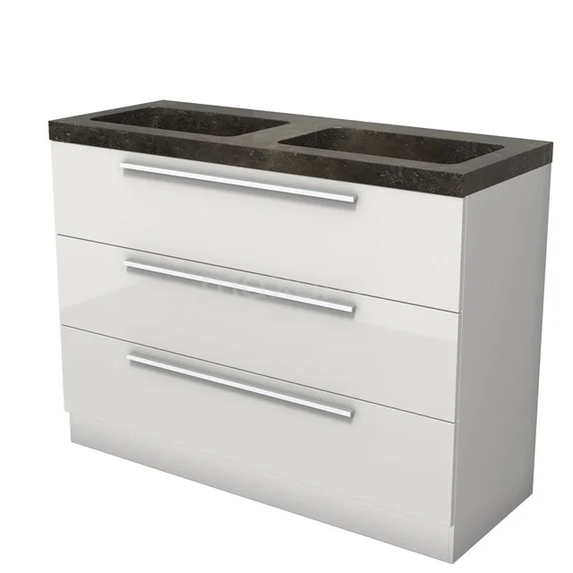 Modulo Vanity units with basin | 120 cm High-gloss white Flat front Natural stone 3 standing drawers BMW19S-00639