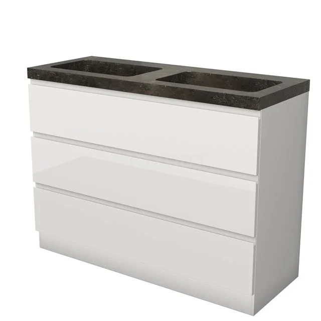 Modulo Vanity units with basin | 120 cm High-gloss white Handle-less front Natural stone 3 standing drawers BMW19S-00641