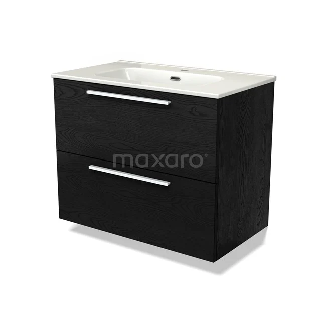 Modulo Waschtische | 80 cm Schwarze Eiche Flach front Keramik 2 übereinanderliegende Schubladen BMW17-04287