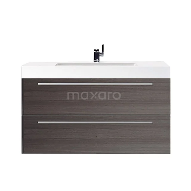 Canto Bathroom furniture with sink | 100 cm Dark brown ash front Mineral marble 2 Stacked drawers F02-100012812 Modern suspended bathroom unit, dark wood-look, white ceramic vanity units with basin and two wide drawers with metal handles.