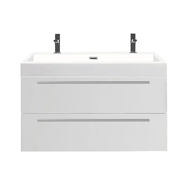 White vanity unit with double drawers, modern design, suitable for a stylish bathroom.
