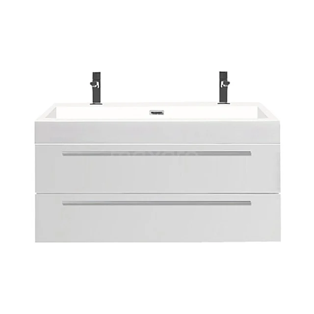 Canto Waschtische | 100 cm Hochglanz Weiß front Mineralguss 2 übereinanderliegende Schubladen F02-100020404 Weißes Badezimmermöbel mit doppelten Schubladen, modernem minimalistischen Aussehen und integriertem Waschbecken, perfekt für das Badezimmer.