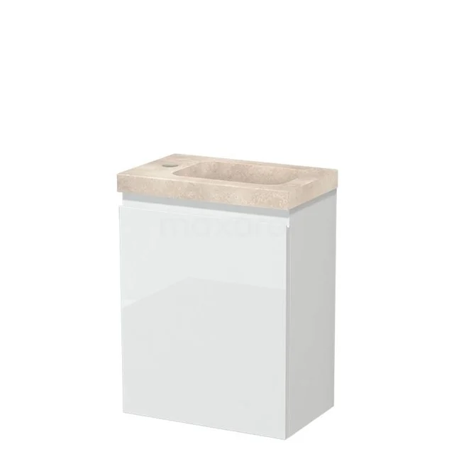 Modulo Pico WC-Möbel mit Waschbecken | 40 cm Hochglanz Weiß Grifflose Front Waschbecken Travertin Naturstein TMW10-00616