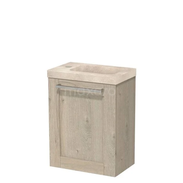 Modulo Pico WC-Möbel mit Waschbecken | 40 cm hellgraue Eiche Rahmenfront Waschbecken Travertin Naturstein TMW10-00638