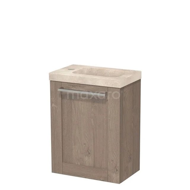 Modulo Pico WC-Möbel mit Waschbecken | 40 cm mittelbraune Eiche Rahmen Front Waschbecken Travertin Naturstein TMW10-00644