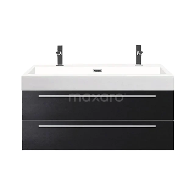 Black and white bathroom unit with double basin, sleek design and metal handles, perfect for modern bathrooms.