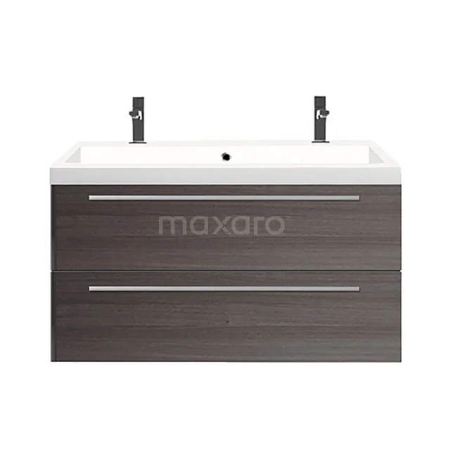 Dark wood vanity unit with two drawers, white ceramic sink and chrome handles, ideal for a modern bathroom.