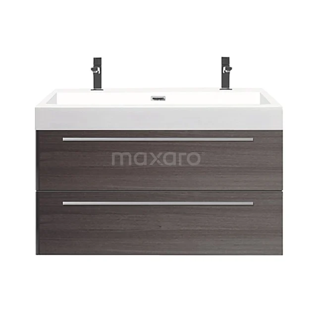 Wooden bathroom unit with dark brown drawer fronts, double basin and modern chrome handles, perfect for stylish bathrooms.