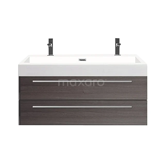 Wooden vanity units with double basin, dark brown, two drawers and chrome handles, modern style.