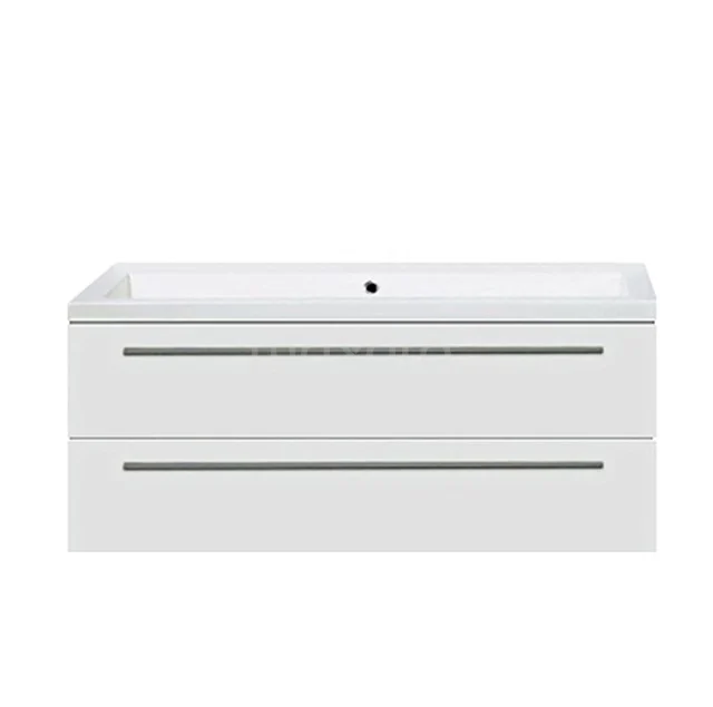 White bathroom furniture set with two soft-close drawers, modern design and integrated ceramic basin.