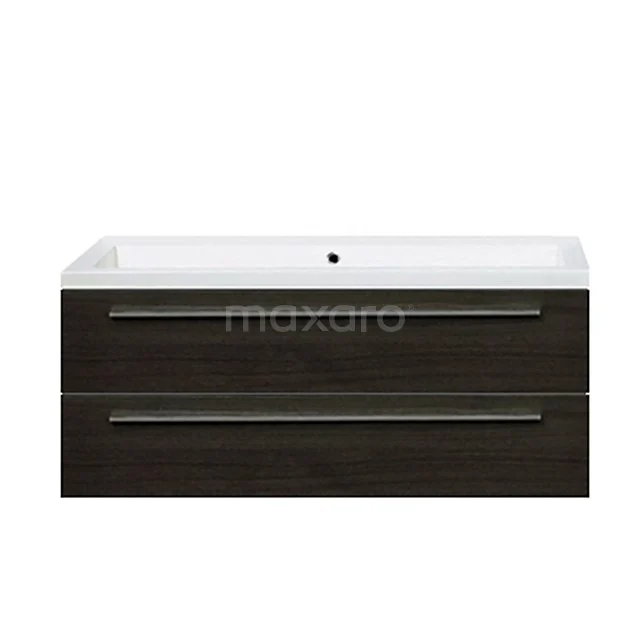 Waschtischunterschrank mit doppelten Schubladen, dunkler Holzoberfläche, modernem Design und integriertem Stauraum für das Badezimmer.