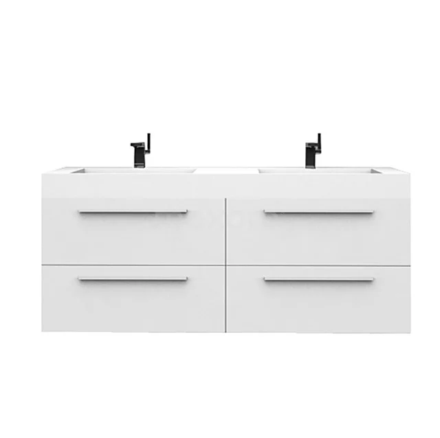 White bathroom furniture set with double basin, chrome handles and black taps, modern design with four drawers.