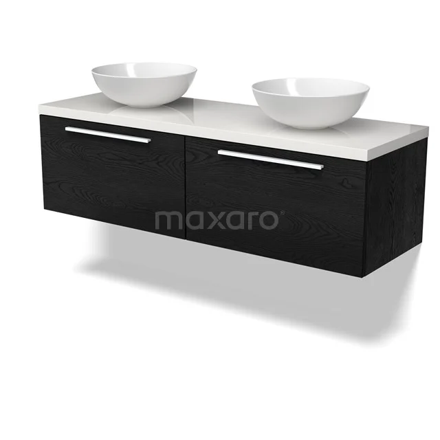 Modulo Plato Badmöbel mit Aufsatzwaschbecken | 140 cm Schwarze Eiche Flach front Hochglanz Weiß blatt 2 nebeneinanderliegende Schubladen BMK12-01995