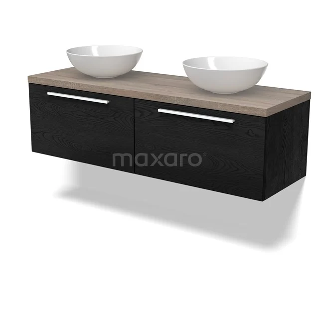 Modulo Plato Badmöbel mit Aufsatzwaschbecken | 140 cm Schwarze Eiche Flach front Eiche blatt 2 nebeneinanderliegende Schubladen BMK12-02000