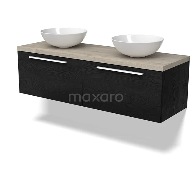 Modulo Plato Badmöbel mit Aufsatzwaschbecken | 140 cm Schwarze Eiche Flach front Hellgraue Eiche blatt 2 nebeneinanderliegende Schubladen BMK12-02001