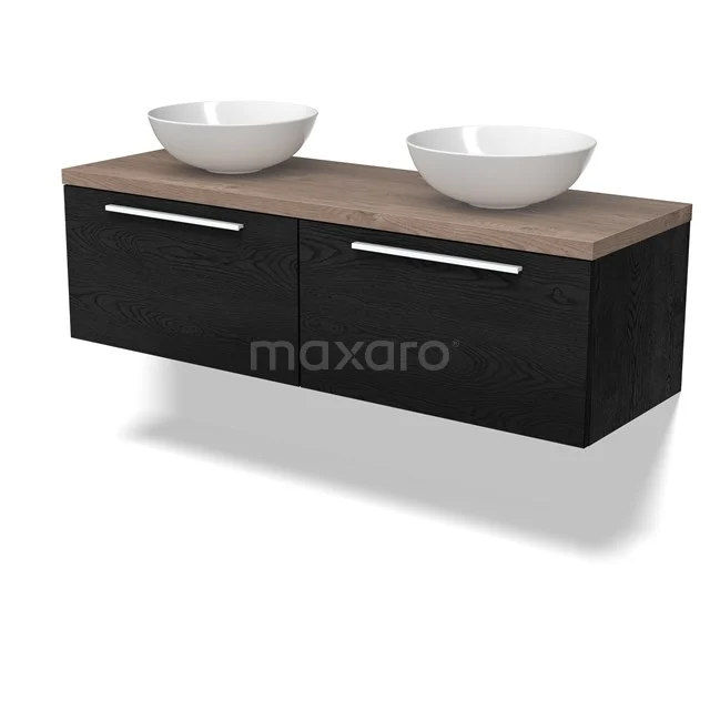 Modulo Plato Badmöbel mit Aufsatzwaschbecken | 140 cm Schwarze Eiche Flach front Mittelbraune Eiche blatt 2 nebeneinanderliegende Schubladen BMK12-02003