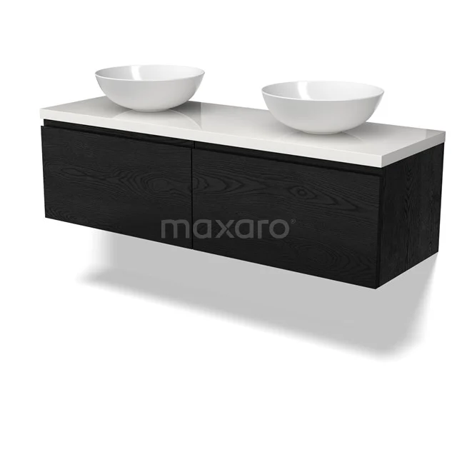 Modulo Plato Badkamermeubel voor waskom | 140 cm Zwart eiken Greeploos front Hoogglans wit blad 2 lades naast elkaar BMK12-02010