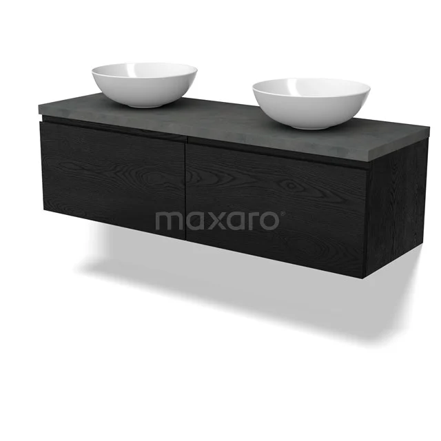 Modulo Plato Badkamermeubel voor waskom | 140 cm Zwart eiken Greeploos front Donkergrijs blad 2 lades naast elkaar BMK12-02012