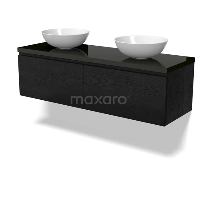 Modulo Plato Badkamermeubel voor waskom | 140 cm Zwart eiken Greeploos front Hoogglans zwart blad 2 lades naast elkaar BMK12-02013