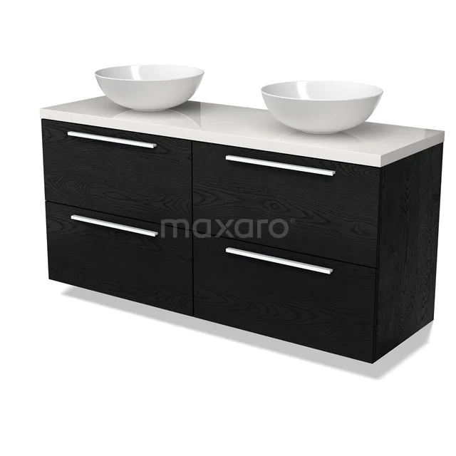 Modulo Plato Badmöbel mit Aufsatzwaschbecken | 140 cm Schwarze Eiche Flach front Hochglanz Weiß blatt 4 Schubladen BMK18-02008