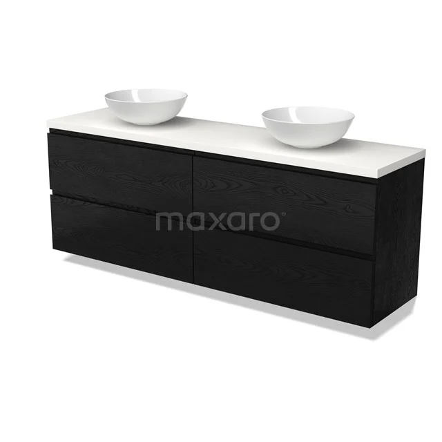 Modulo Plato Vanity units for countertop basin | 180 cm Black oak Handle-less front Matte white worktop 4 drawers BMK18-02048