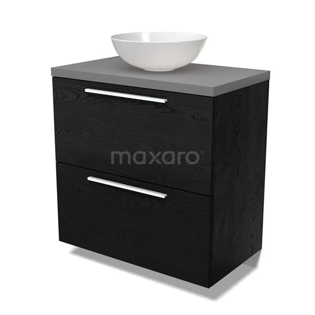Modulo Plato Badmöbel mit Aufsatzwaschbecken | 80 cm Schwarze Eiche Flach front Mittelgrau blatt 2 hohe Schubladen übereinanderliegend BMK13-01085